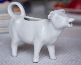 Antique white porcelain cow creamer - Vintage french small milk jug, creamer pitcher, vintage cookware, ceramic creamer pitcher