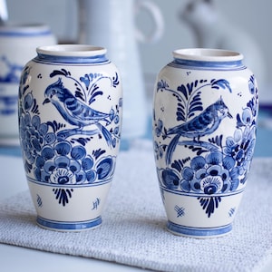 Pair of Vintage Dutch Delft Blue and White Vases, Hand-made vases, Hand-painted porcelain vases