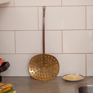 Antique Brass and Bronze Skimmer |Brass Milk/Cream Skimmer |Old Brass Strainer | Vintage Handmade Large Cooking Utensils| Kitchen Wall Decor