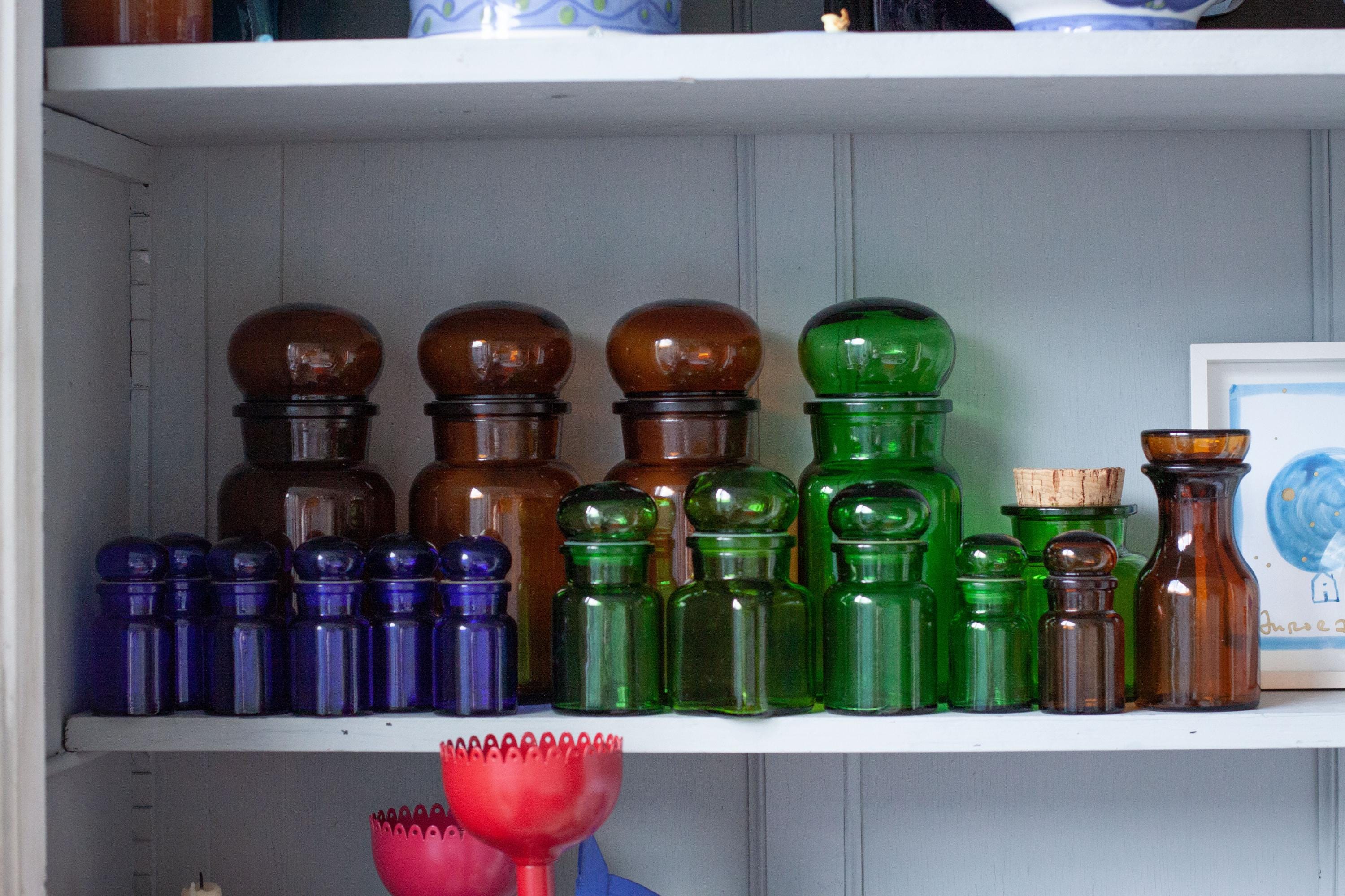Vintage Glass Apothecary Bottle Set from Belguim - 70's Kitchen Storage Cobalt Blue Jars Emerald Green Pharmacy Jars Amber Browm Bottle