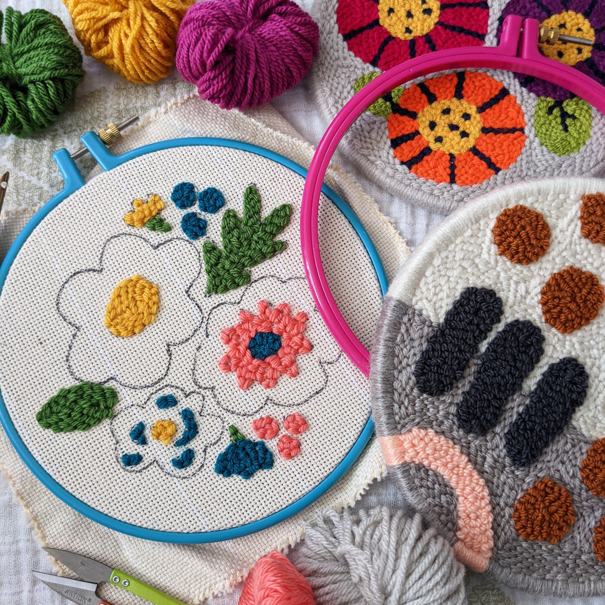 Beginner Punch Needle Kit/ Happy Fall Floral / Yarn Craft Kit / Rug Hooking  