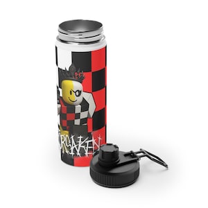 May include: A stainless steel water bottle with a black lid and a white, red, and black checkered design. The bottle features a cartoon character with a crown and the word "FORSAKEN" in white graffiti-style lettering.