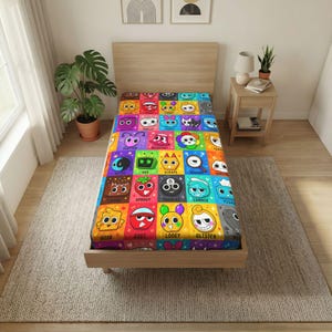 Dandys friends face inspired Cartoon Character roblox, decor room kids Cartoon Character Grid Twin Flat Sheet | Kids Bedding, Bright Pattern