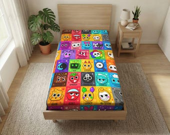 Dandys friends face inspired Cartoon Character roblox, decor room kids Cartoon Character Grid Twin Flat Sheet | Kids Bedding, Bright Pattern
