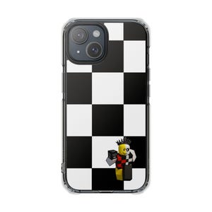 May include: Clear phone case with a black and white checkered pattern. The case features a cartoon character holding a small box. The character is wearing a crown and a checkered outfit. The phone case is designed to fit a smartphone.