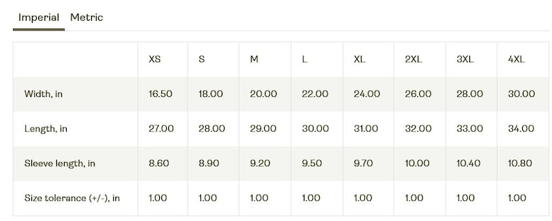 May include: A white chart displays t-shirt measurements in inches for sizes XS to 4XL. Measurements include width, length, sleeve length, and size tolerance. The chart is labeled "Imperial" and "Metric".