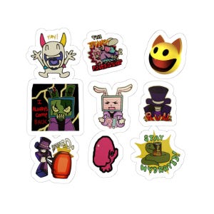 May include: A collection of nine colorful stickers with cartoon-style illustrations. The stickers feature various characters and phrases, including a smiling cat face, a monster saying "YAY!", and a snake with the words "STAY HYDRATED!"