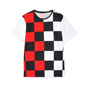 May include: A short-sleeved t-shirt with a striking checkerboard pattern. The shirt features a bold design with alternating red, black, and white squares on the front, contrasted by solid white sleeves and a neckline.