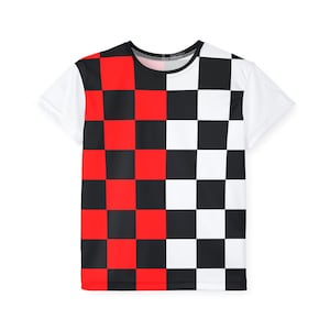 May include: A short-sleeved t-shirt with a bold checkerboard design. The shirt is divided vertically, with one half featuring red and black squares and the other half black and white squares. The sleeves are solid white.