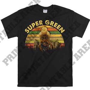 Pode incluir: Camiseta preta com um gráfico retrô de uma pessoa com cabelo verde e o texto "Super Green".
