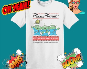 Camiseta unisex de Disney, Toy Story, Pizza Planet y Space Port, para hombre y mujer, modelo MU82