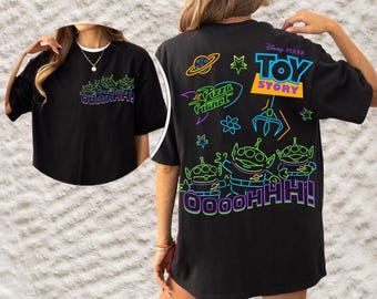 Disney Pixar Toy Story Aliens Pizza Planet Neon 2-Sided Shirt | Little Green Aliens Tee | Disneyland Family Matching R990-2