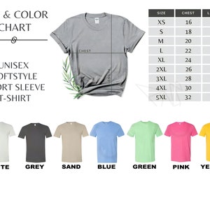 May include: Unisex short sleeve t-shirt size chart with measurements in inches for chest and length. The chart shows sizes XS to 5XL.  The image also shows a mockup of the t-shirt in grey, white, sand, blue, green, pink, and yellow.