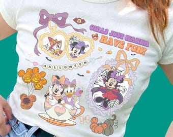 Coquette Bow Minnie and Daisy Halloween Shirt | Girls Just Wanna Have Fun Halloween Shirt | Unisex Adult Kids Shirt | Aesthetic Gift R20