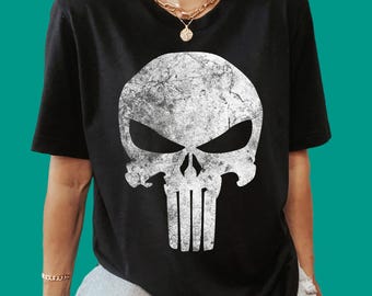 Marvel Punisher Skull Symbol Distressed T-Shirt | Disneyland Trip Family Outfits | Disneyland Family Party Gift 2025 | Aesthetic Gift R680