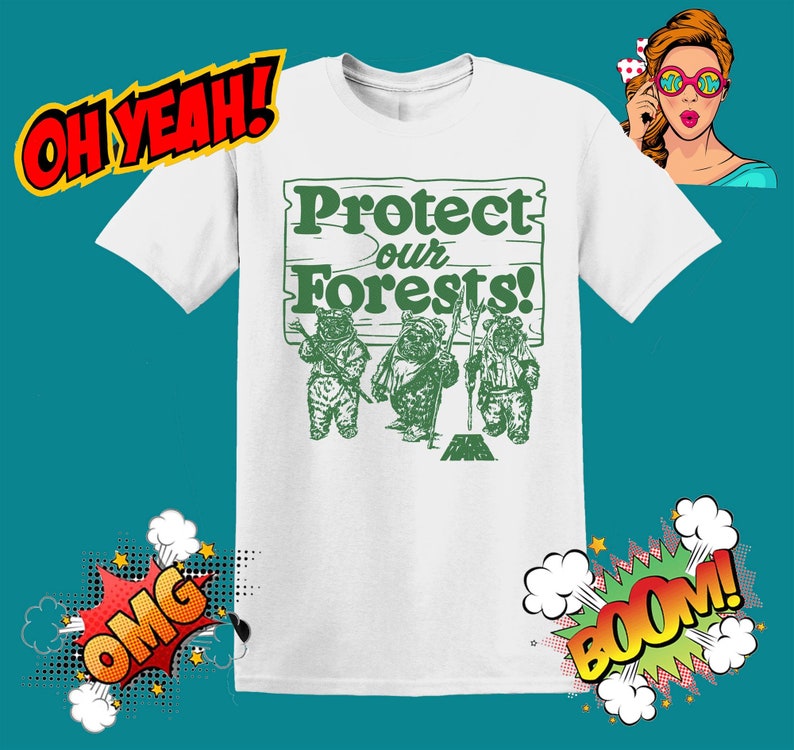 May include: White t-shirt with a green graphic of three cartoon bears holding signs that say "Protect our Forests!"