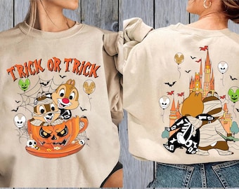 Chip N Dale Trick or Treat 2-Sided Halloween Shirt | Disney Castle Pumpkin | Mickey Not So Scary Party 2025 Disneyland R984-2