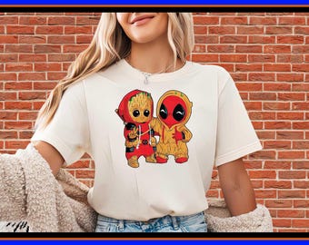 Cute Chibi Deadpool and Baby Groot Costume Swap T Shirt Funny Superhero Fan Gift Hoodie for Men and Women Marvel Inspired Apparel OP38