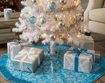 45" Blue Silver Christmas Tree Skirt | Vintage Hollywood Regency Damask Tree Mat | Flocked White Tree Decor | Retro Mid Century Holiday Base