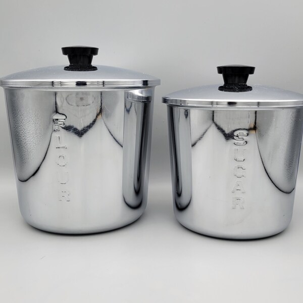 Vintage 1950s Mid Century Modern Everedy Chrome Flour and Sugar Kitchen Canister Set - Retro Kitchen Decor and Storage