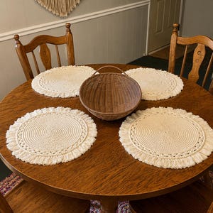 Vintage Boho Cotton Rope Macrame Placemats Set of 4 | 14" Round Fringe Woven Table Mats | Farmhouse Japandi Organic Modern Decor