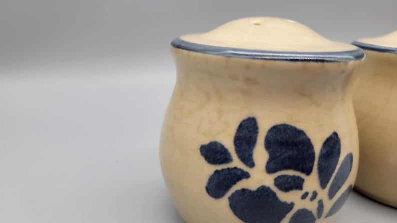 May include: Cream-colored ceramic salt and pepper shakers with a blue floral design. The shakers have a rounded shape with a lid and a blue trim. The floral design is a dark blue color.