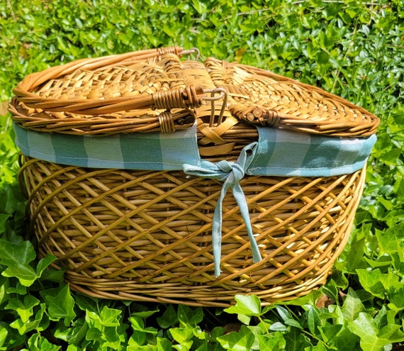 Vintage Wicker Picnic Basket with Blue Gingham Pl… - image 1