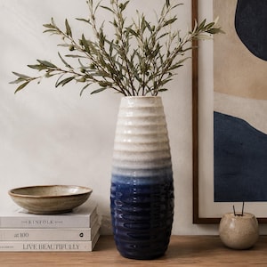 Large Blue Ombré Pottery Vase | Ribbed Reactive Glaze Ceramic Vase | Organic Modern Japandi Decor | Navy Cream Statement Vase