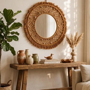 Macrame Sunburst Mirror 20 In | Boho Wall Hanging Mirror with Beads | Earthy Desert Modern Home Decor | Large Woven Fringe Statement Piece