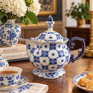 May include: A white porcelain teapot featuring a blue floral pattern, a scalloped base, and a matching lid with a finial. The handle and spout are accented with deep blue and gold trim, creating a cohesive look with the surrounding tea set.