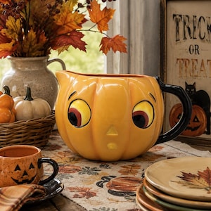 Large Ceramic Pumpkin Pitcher 7.5” Halloween Decor | Jack O Lantern Jug | Fall Kitchen Display | Vintage Style Kitsch Serveware