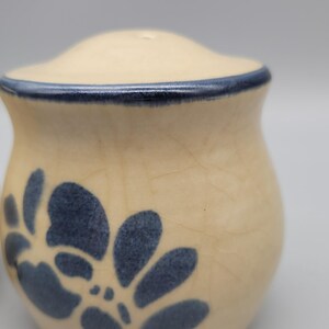 May include: A pair of ceramic salt and pepper shakers. The shakers are beige with a blue floral design and a blue rim. The lids have a small hole for dispensing the contents.