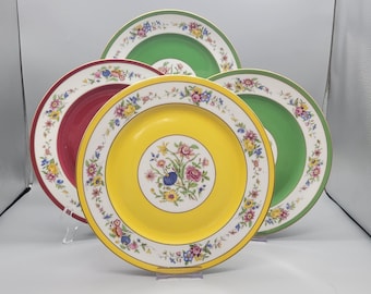 Antique Limoges Hand Painted Plates, Ovington Bros C. Ahrenfeldt France, Colorful Floral Gold Trim Porcelain Dinnerware, 1910s Set