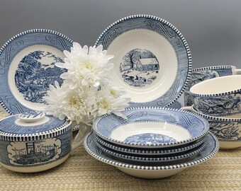 Currier Ives Blue by Royal Replacement Pieces Bowls Plates Cups
