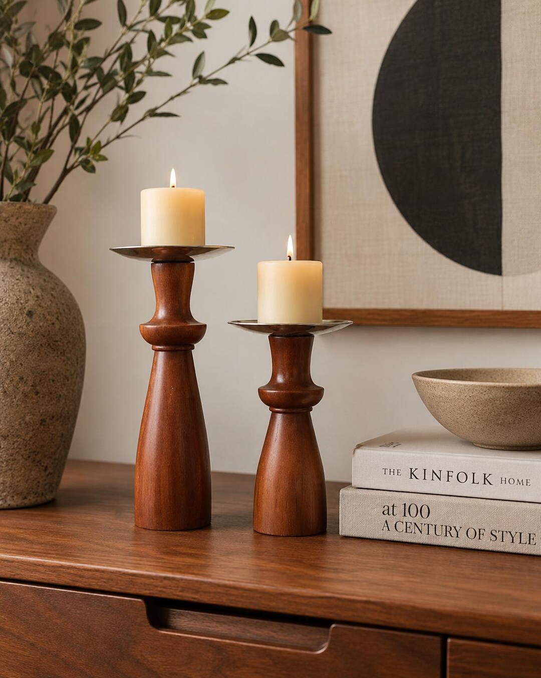 Vintage Wooden Pillar Candle Holders Set of 2 | Mid Century Modern ...