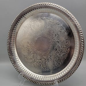 W & S Blackinton Co Etched Decorative Round Silver Plated Vintage Round Serving Dining Bar Tray Art Deco Style