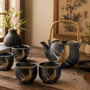 May include: A black ceramic tea set with a gold crane design. The set includes a teapot with a woven handle, four teacups, and a small dish. The tea set is displayed on a wooden table with a neutral-colored placemat. A framed picture and a vase are in the background.