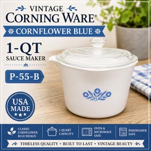 May include: Vintage Corning Ware 1-QT sauce maker in white with blue Cornflower design. Includes a glass lid. Features the text "CORNFLOWER BLUE", "USA MADE", and "1-QT SAUCE MAKER". Dishwasher and microwave safe.