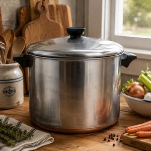 May include: A large stainless steel stockpot with a matching lid, featuring black side handles and a black knob. The pot has a visible copper-colored base and a polished metallic finish, standing as a central kitchen vessel for cooking.