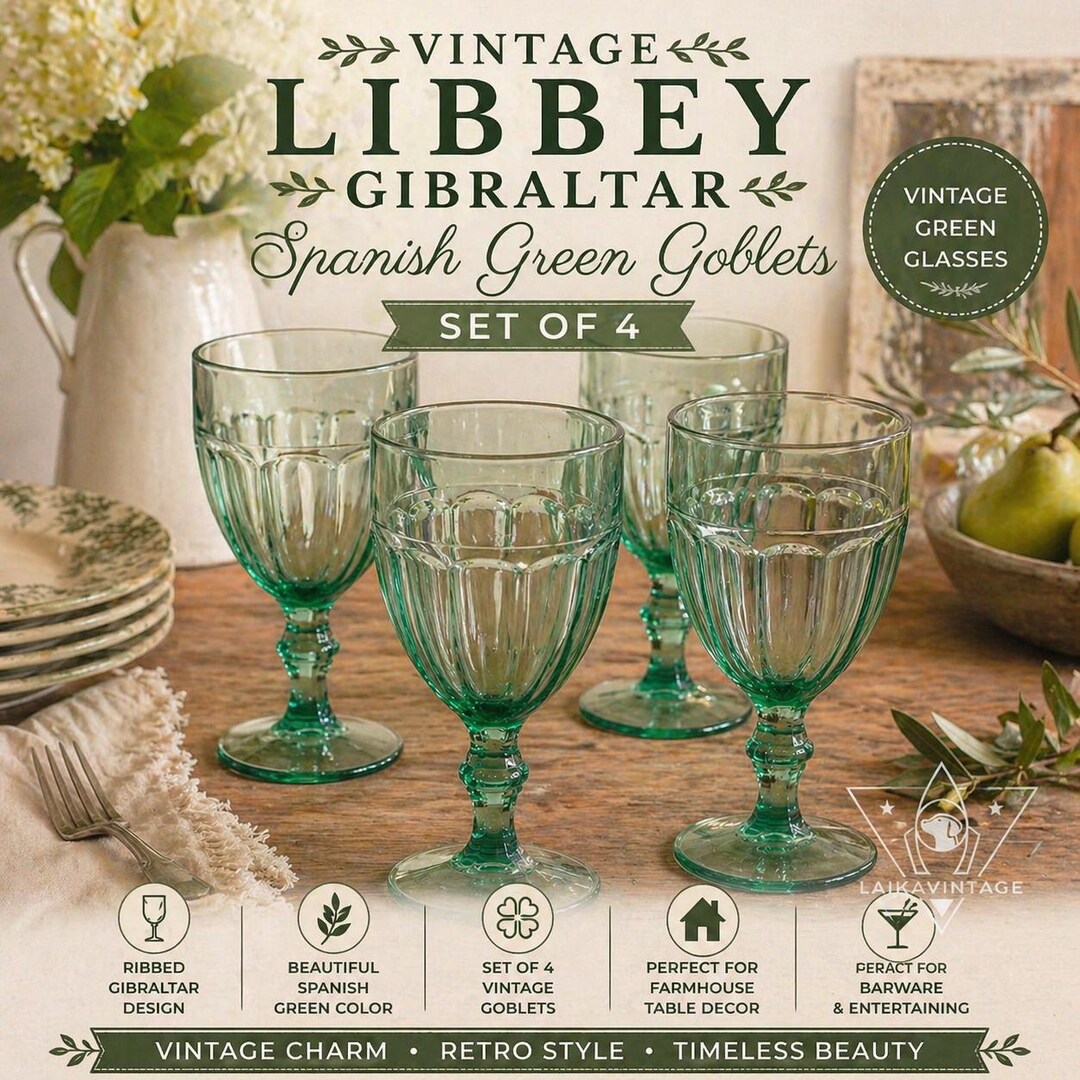 Libbey Ribbed Glassware Libbey Gibraltar Spanish Green Goblets Set of 4 | Vintage Green Glasses ...