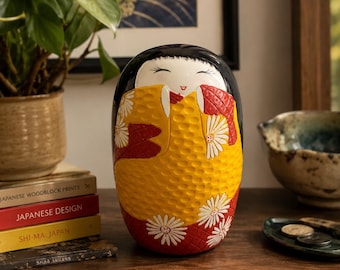 Vintage Usaburo Kokeshi Coin Bank • Hand Carved Japanese Folk Art Wood Doll • 7.25” Mid Century Sosaku Kokeshi Piggy Bank • Textured Yellow