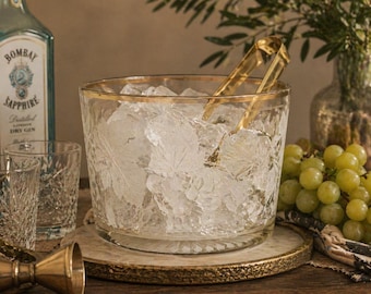 Bartlett Collins Frosted Grape Vine Ice Bucket | Vintage Gold Rim Glass Serving Bowl | Mid Century Barware