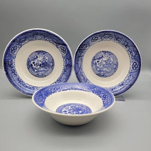 Vintage Blue Willow Soup and Cereal Bowls, Antique Transferware Tableware