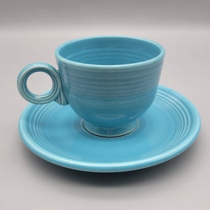 Vintage Fiesta Turquoise Ring Handled Cup and Saucer Set Antique Fiesta Ware Art Deco Style Kitchen