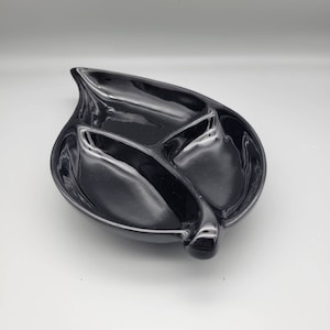 Vintage Frankoma Pottery Onyx Black Divided Leaf Dish MCM home decor Trinket Dish key dish Mid Century Modern home decor Catch All Tray