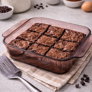 May include: A square glass baking dish filled with nine freshly baked brownies, cut into squares. The brownies are on a tan and white striped cloth, with a metal spatula to the side. Ingredients like flour, butter, and chocolate chips are in the background.