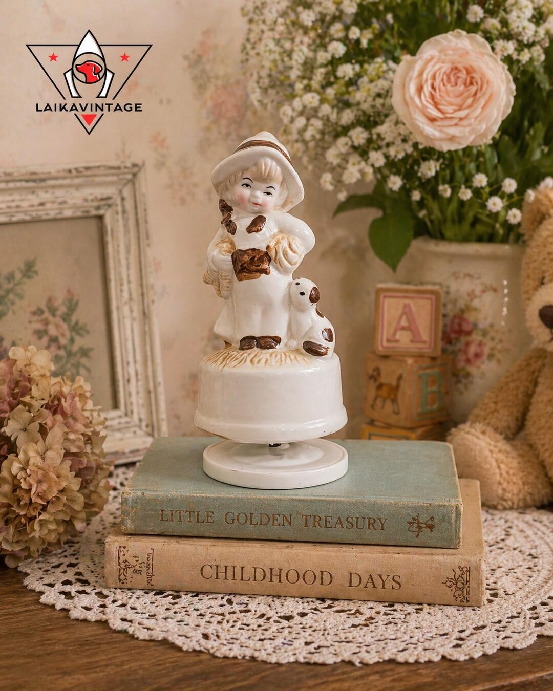 Vintage Girl Music Box Figurine With Puppy | Porcelain Maiden
