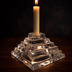May include: A lit candle in a clear, pyramid-shaped glass candlestick holder. The candle is beige, and the flame is orange and yellow. The candlestick holder is on a dark brown surface.
