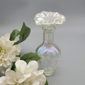 Large Perfume Bottle Vintage Iridescent Carnival Glass with Floral Glass Dauber Top Vintage Vanity item