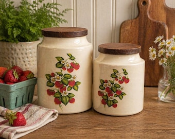 Vintage 1970s Strawberry Kitchen Canister Set (2) | Hyalyn USA Ceramic | Retro Farmhouse Storage Cookie Jars | Cottage Kitchen Decor
